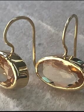 Gold Tone Oval Clear Crystal Dangle Hook Earrings, Bezel Set Drop, 2.5cm